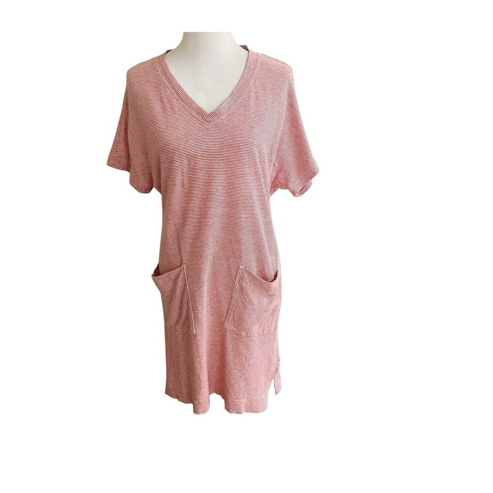 Poetry Women’s Tunic Knee Length Dress Big Pockets Linen Blend Sz 10 Red Stripe